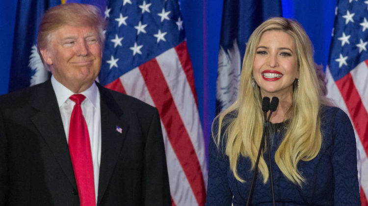 epa05173114 Ivanka Trump (R), daughter of Republican presidential candidate Donald Trump (L) thanks supporters celebrating her father's victory in the South Carolina Republican primary in Spartanburg, South Carolina, USA, 20 February 2016.  Billionaire businessman Donald Trump was the projected winner of the Republican primary in the southern US state of South Carolina.  EPA/RICHARD ELLIS